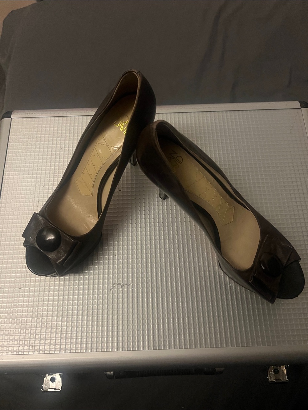 Joan & David Brown Peep-Toe Heels with Bow Accent